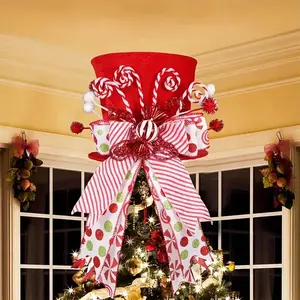 Christmas Tree Top Hat, 1 Count Candy Bar & Twister Stick & Ribbon Bow Decor Tree Topper, Festive Decorations for Home Party