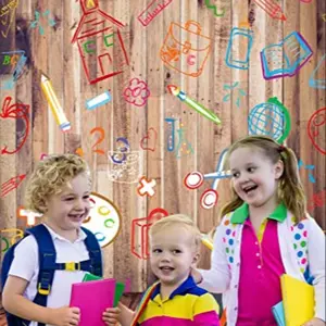 2D Flat Banner 1pc Back-To-School Background, Photography Backdrop, Hand-Drawn Pencil House Book Vintage Striped Wooden Floor Pattern
