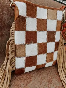Checkered Cowhide Fringe Purse