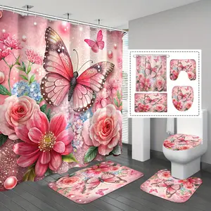 4pcs Set Pink Butterfly Bathroom Set 72*72inces Shower Curtain Bath Mat Toilet Lid Cover U Shaped Rug Waterproof Quick Dry Bathroom Decor Set Butterfly Print Soft Durable Fabric Elegant Romantic Style Home Bathroom Accessories Cute Floral Room Decoration