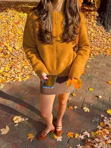 Women's Casual Plain Knit Pullover Sweater, Round Neck Long Sleeve Drop Shoulder, Fall & Winter Fashion, One Piece