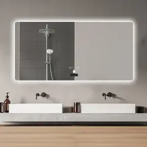 48x32in Frameless bathroom mirror with light, LED backlit mirror, tri-color dimming, anti-fog function, waterproof, smart sensor