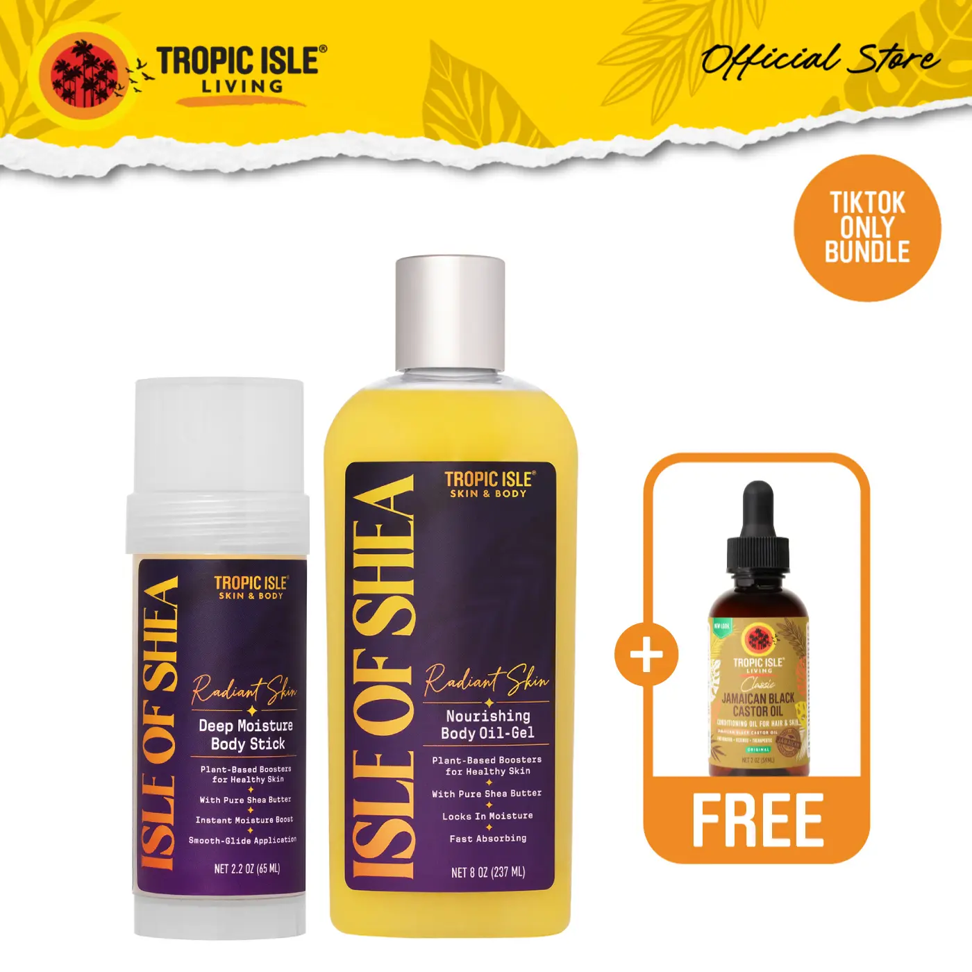 TROPIC ISLE LIVING 3-Piece Shea Butter Glow Set, Daily Moisturizer Kit with Body Stick & Multi-Use Gel for Rough, Dull Skin, Body Care, Body Butters, Jamaican Black Castor Oil