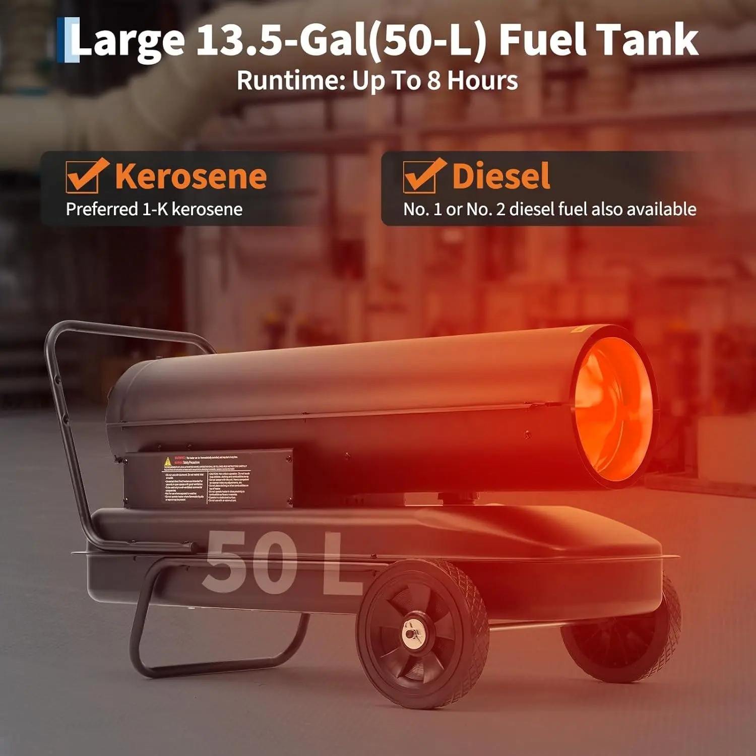 Kerosene Forced Air Heater, 215K BTUs Kerosene Diesel Forced Heater with Thermostat, 13.5 Gallon Tank, Wheels, for Workshops, Warehouses, and Construction Sites, 120V/60Hz