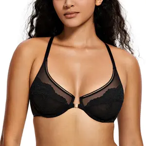 Deyllo Women's Lace Front Closure Bra Semi-Sheer Underwire Unlined Racerback Bra for Everyday Comfort and Style