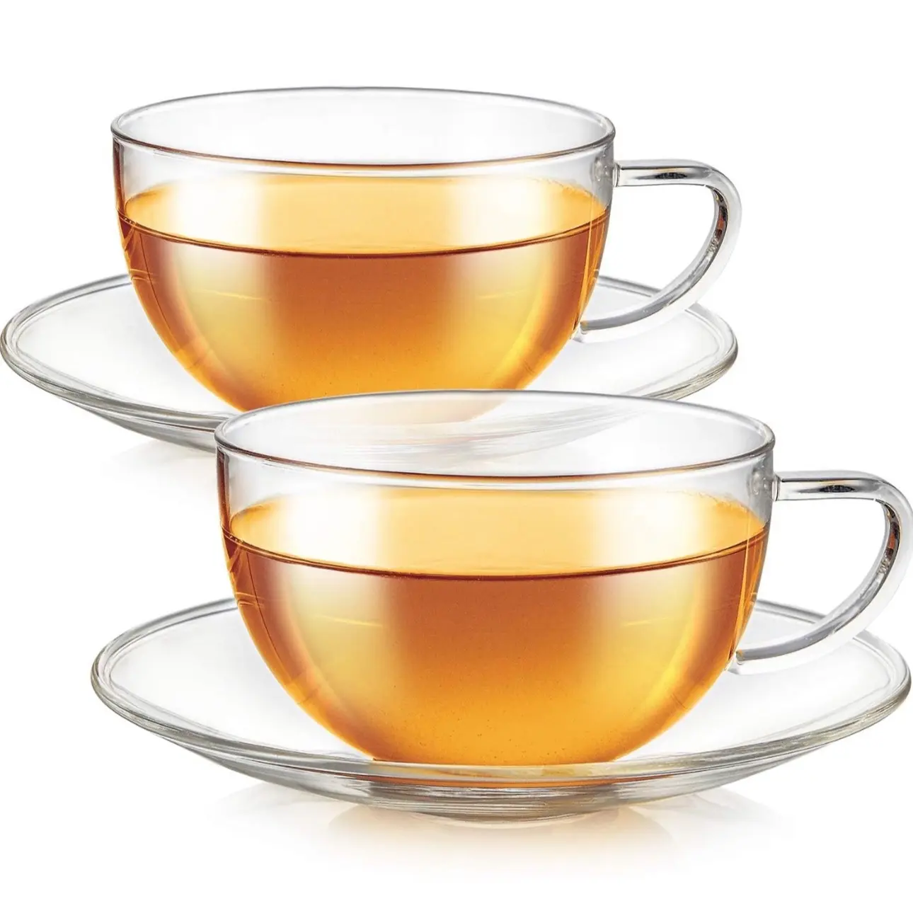 Teabloom Kyoto Teacup and Saucer Set 2-Pack – Standard Teacup Size – 6 OZ/ 180 ML Capacity – Crystal Clear Design –– Premium Borosilicate Glass – Heat Resistant, Microwave Safe