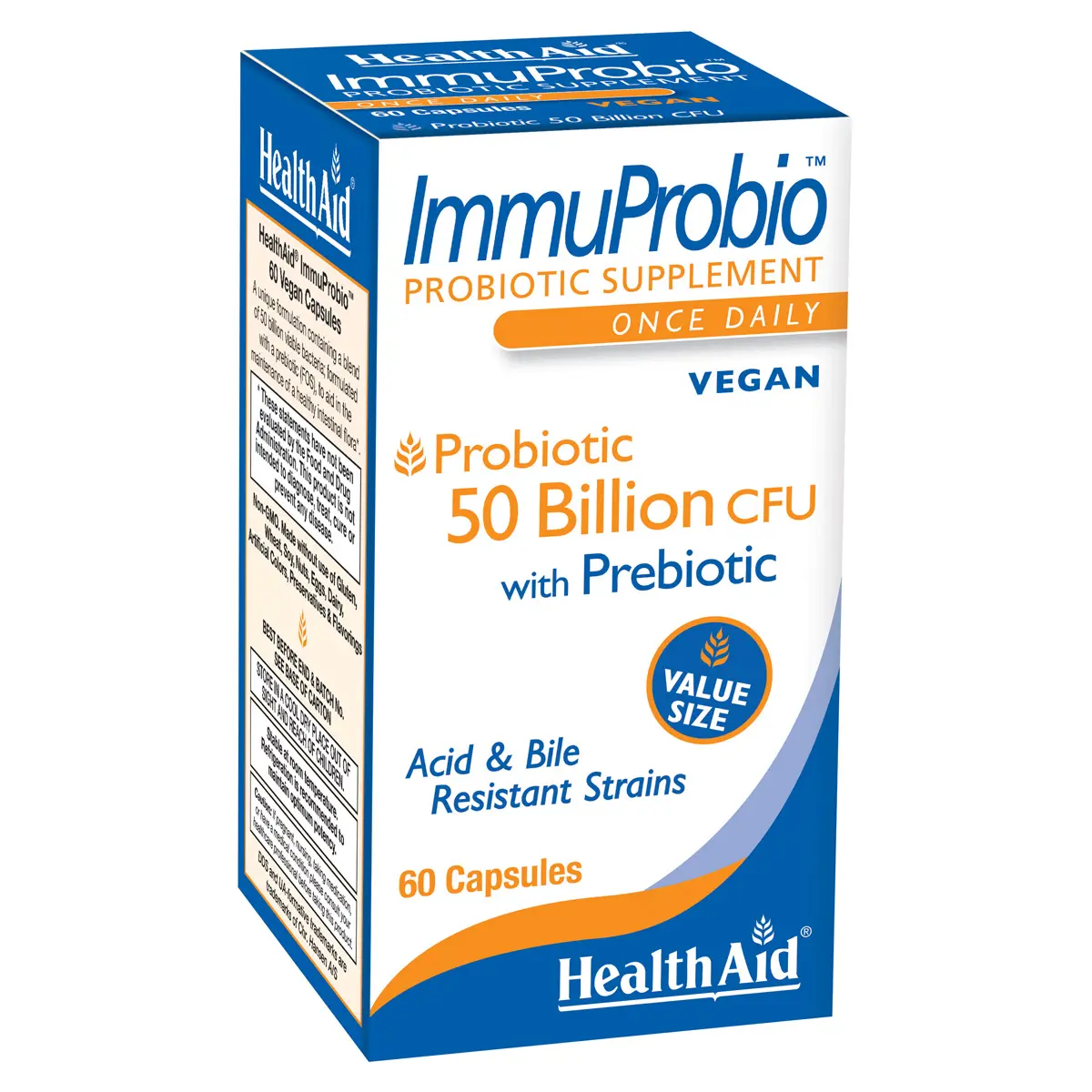 HealthAid ImmuProbio 60 Caps - 50 Billion CFU with Prebiotic, Once Daily, Acid & Bile Resistant Strains, Dairy Free, Gluten Free, Vegan