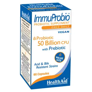 HealthAid ImmuProbio 60 Caps - 50 Billion CFU with Prebiotic, Once Daily, Acid & Bile Resistant Strains, Dairy Free, Gluten Free, Vegan