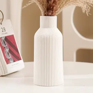 White Ceramic Flower, Pampas Grass Vase - Small Modern Bohemian Centerpiece for Dining Table, Mantel or Shelf Decor