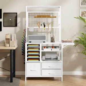 Craft Organizers and Storage Cabinet Compatible with Cricut Machines White Craft Table with Fold Out Large Crafting Desk with Drawers and Vinyl Holder IF094