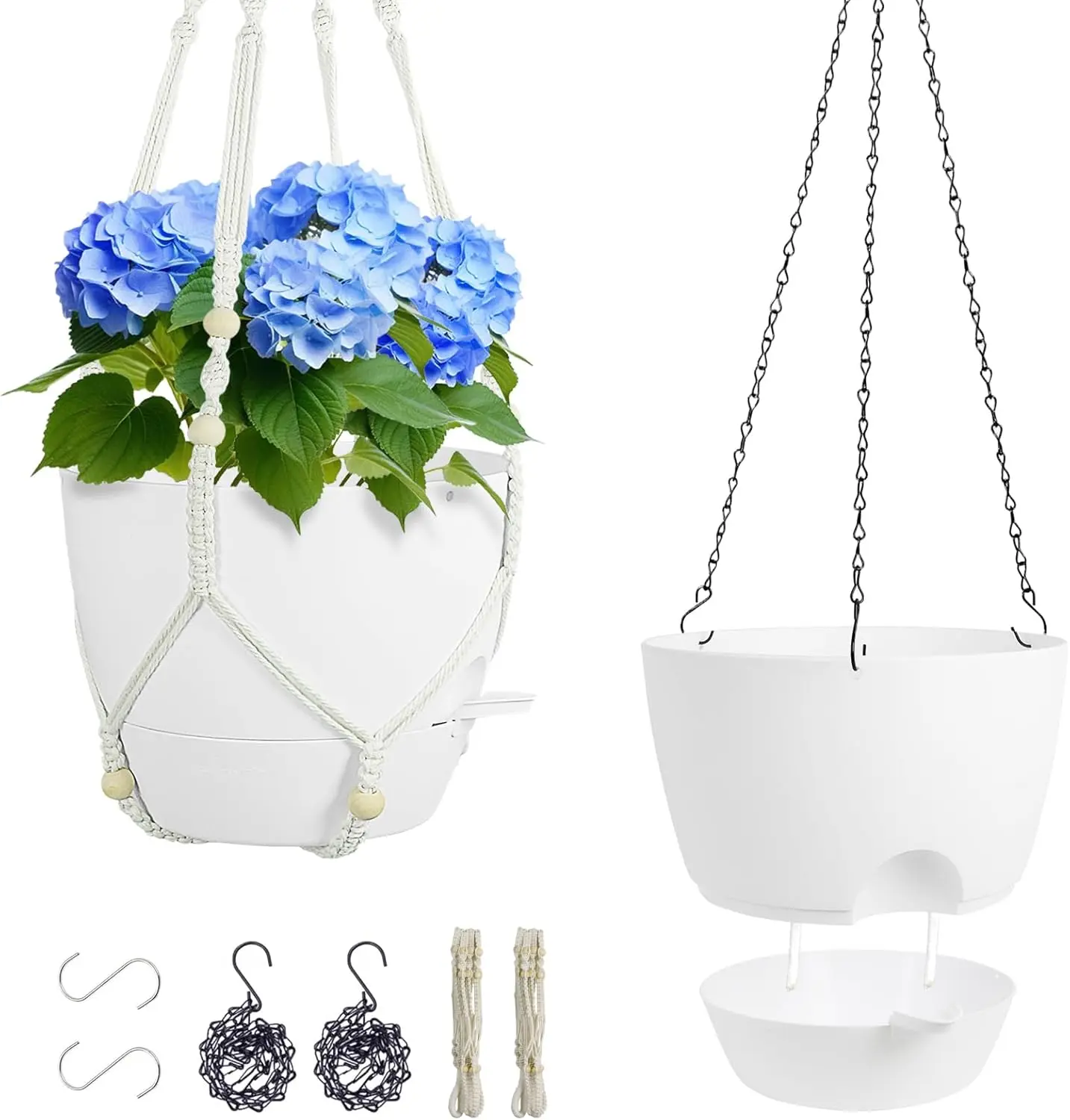 10in 2pcs Synthetic Bohemian-Style Macrame Self-Watering Hanging Planters, 6mm Baskets with Drainage Holes, 2 Easy-to-Install Hangers, Lightweight & Sturdy White Pots for Indoor Garden Home Decor (Ideal for Ivies)