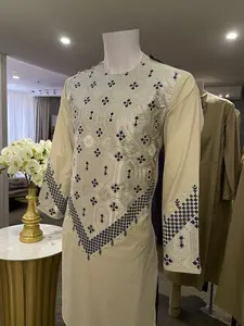 Men’s Light Gold Kameez with Navy Blue Machine Embroidery – Small Size | Afghan Traditional Wear