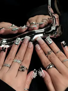 Glarein Nails | Black & White Ballet Party Cherry Blossom French Spring White Floral Sheer Press-On Nails with 3D Flowers & Crystal Accents