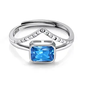 925 Sterling Silver Created Blue Topaz Adjustable Ring, Blue Topaz Ring, CZ Rings, Birthstone Jewelry, Color Stone CZ Ring