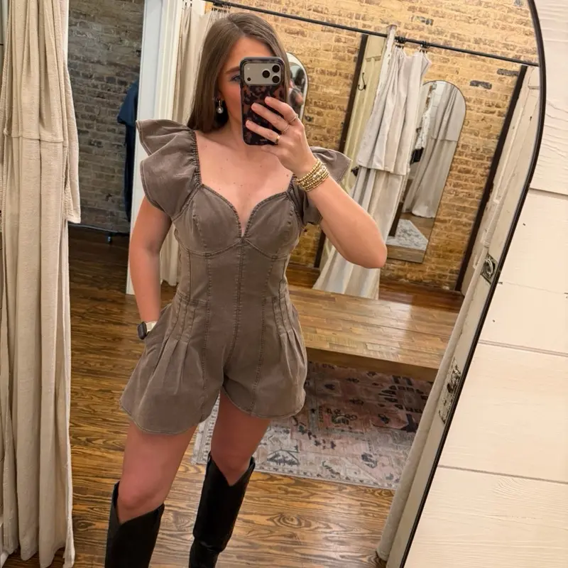 Sweetheart Denim Romper Washed Brown - Denim Romper - Western Wear - Western Outfit Inspiration