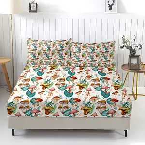 Colorful Mushroom Fitted Sheet Set (3 Pieces, 1 Fitted Sheet + 2 Pillowcases), Whimsical Nature Botanical Print Bed Sheet Set, Soft Breathable Bedding for Teens, Girls & Adults Bedroom