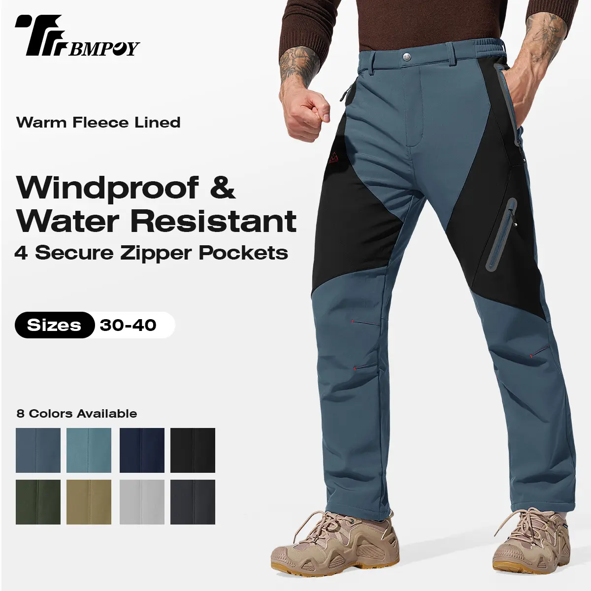 TBMPOY Men's Tech Fleece Lined Waterproof Softshell Snow Pants, Jogger Sports Fitness Outdoor Insulated Pants with Zipper Pockets for Skiing, Hiking, Climbing (Father's Day Gift)