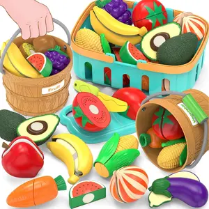 Pretend Food Set for Kids 29-Piece Educational Cutting Toy with Fruits Vegetables Buckets Basket Knives Boards for Toddler 3-8 Years Old Birthday Christmas Gift