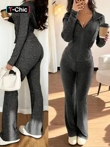 Women's Fashion Long Sleeve Hooded Slim Fit Sweatshirt Jacket Set, Straight Leg Pants, Soft Knitted Two-Piece Set Spring, Outfit Womenswear