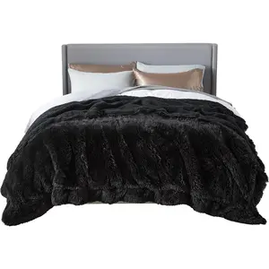 Fluffy Black Blankets Queen Size for, Thick Sherpa Faux Fur Fuzzy Plush Winter Warm Heavy Full Queen Blankets, Bedroom Decor Black Gifts Gifts for Women Men, 90x90