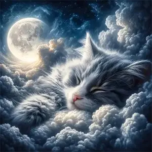 5D DIY Full Drill Diamond Painting Kit Dreamy Fluffy Cat Sleeping on Clouds Under Full Moon Starry Night Sky Round Square Diamond Art Craft for Home Wall Decor Gift for Cat Lovers Adults Kids