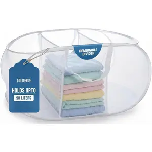 Collapsible  Basket, 3-Compartment Mesh  Sorter, Foldable Pop Up Hamper with Handles, Space-Saving Durable Organizer for Dorm, Bedroom, Travel, White