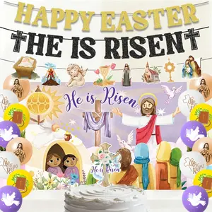 Easter Party Decoration Set, 19-Piece Christ Theme Party Supplies Include Banner, Backdrop, Cake Topper & 16 Latex Balloons