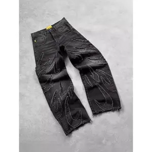 Loose wide-leg American retro gome high set retro black patchwork hole jeans hip hop flare jeans embroidered kapok high-rise riding jeans jeans confaja