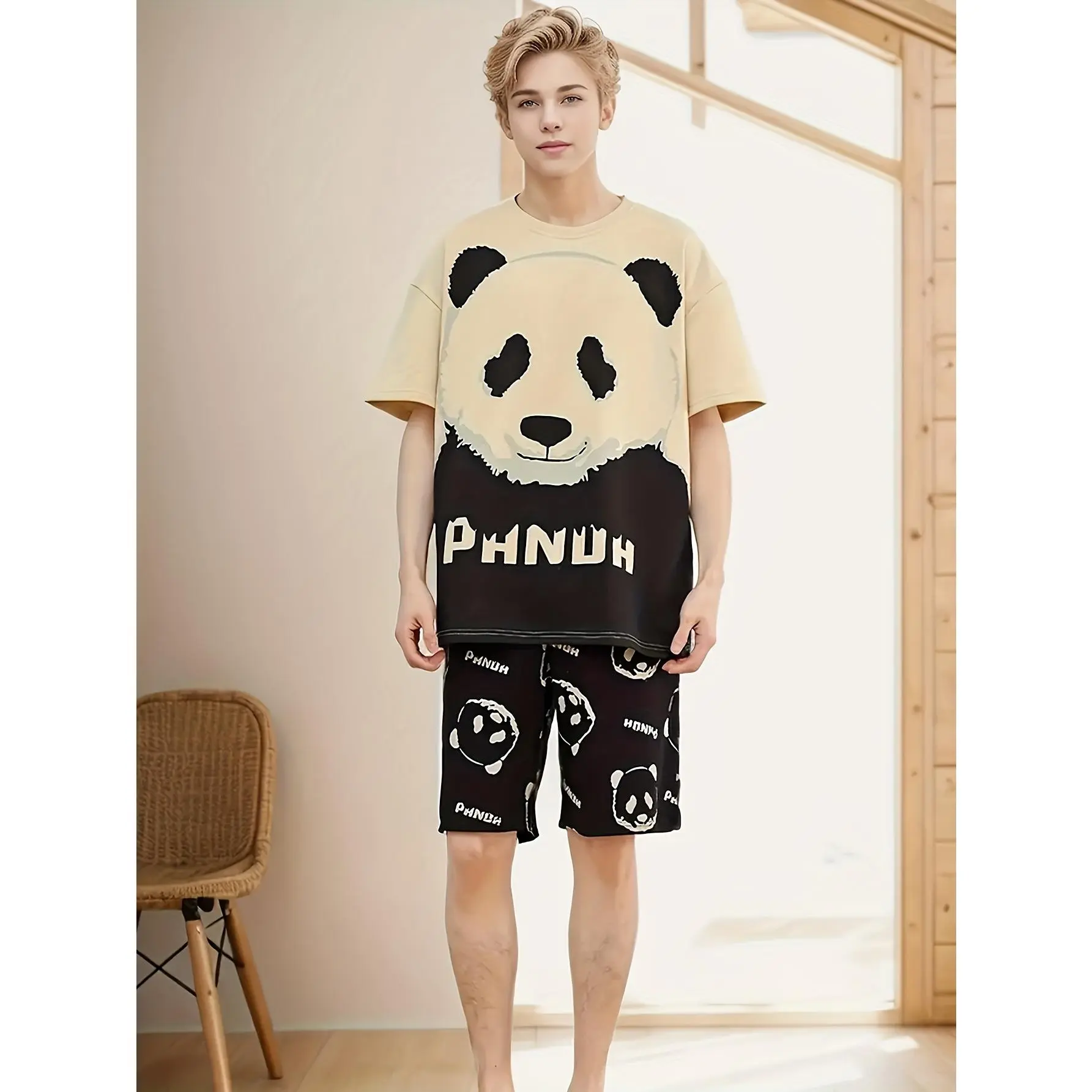 Men's Panda Print Pajama Set, 2-Piece Stretch Polyester Loungewear with Crew Neck Tops and Shorts, Animals, Menswear, Knitting, Elastane, Nightwear, Regular Cut, Casual Wear, All Seasons