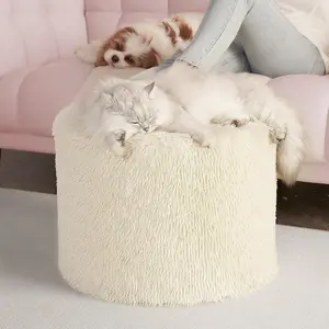 Round Stuffed Pouf Ottoman 17 x 14, Foam Filled Faux Fur Ottoman Foot Rest for Chair with Washable Cover, Foot Stools Under Desk for Living Room & Bedroom, Beige