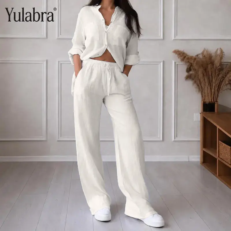 Yulabra Women’S Solid Color Lounge Set – Loose Cotton  Shirt & Pants