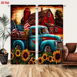 2D Flat Vibrant Patriotic Vintage Truck Sunflower Countryside Printed Blackout Curtains 2-Piece Set, Rustic Barn Silo Golden Sky Patterned Home Decor, Whimsical American Countryside Bedroom Living Room Window Curtains