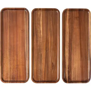 Large Solid Acacia Wood Serving Trays 17 x 6.5 inches Rectangular Wooden Serving Platters Set of 3 for Home Decor Food Vegetables Fruit Charcuterie Appetizer Cheese Serving