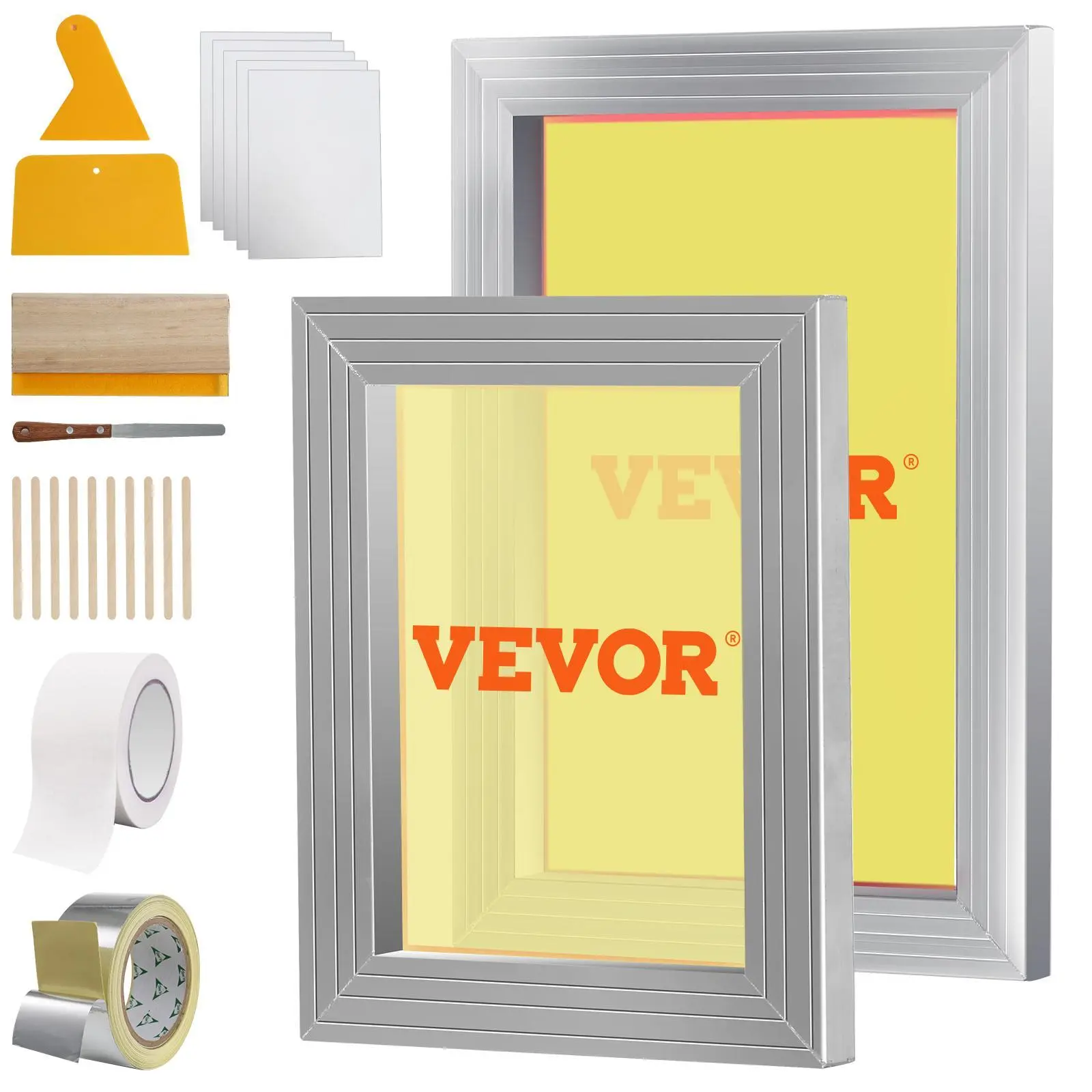 VEVOR Back to School Screen Printing Kit - 2 Aluminum Silk Screen Frames (8x10in, 10x14in 110-Count Mesh), Glossy Plastic Jet Set Tapes, Squeegees, Transparent Films for T-Shirt DIY Printing