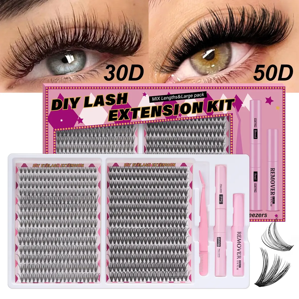 560 pieces, 30D/50D, false eyelash extension set, false eyelash cluster kit, Eyelash Extensions Set, including adhesive and sealant, as well as tools for applying false eyelashes