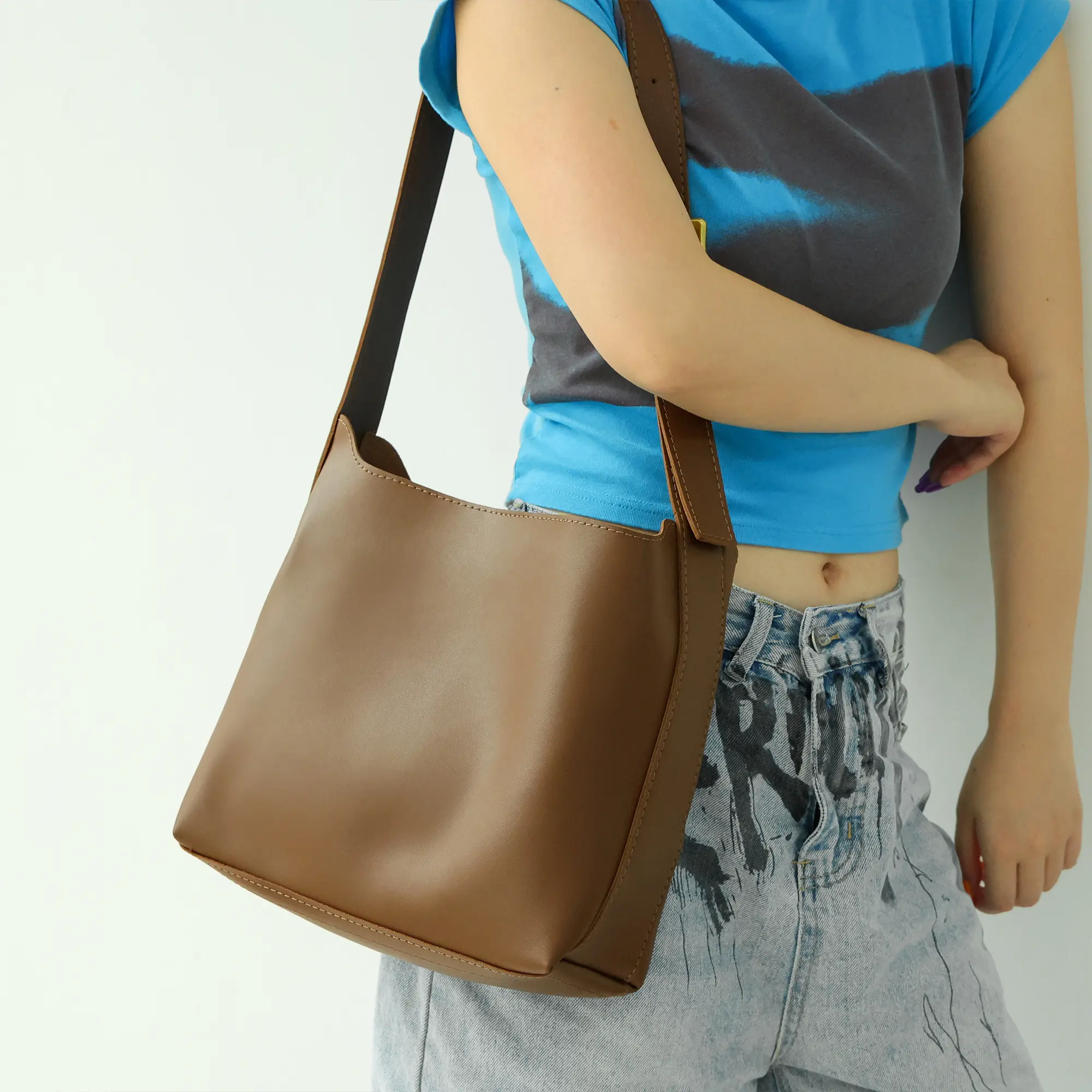 Solid Color Large capacity Tote Bag for Women, Trendy Large Capacity Shoulder Bag for Daily Use, Bucket Pu Leather Bag Teen Girl Back To School, Fall Outfits, Earthtone Fall Freshness As Gifts, for Fall