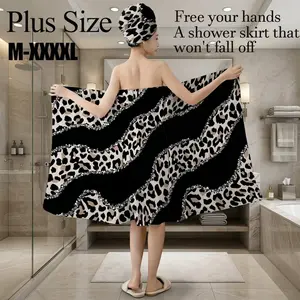 2 Pcs Leopard Print Bath Wrap Towel Set with Hair Wrap, Plus Size M-XXXXL, Non-Slip Absorbent Shower Skirt, Versatile for Spa, Beach & Daily Use, Ideal for Holiday Gifting