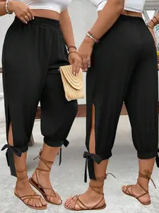 Women's Plus Size Seven-Quarter Pants, High Waist Elastic Belted Design, Side Slit Detail, Comfortable and Stylish