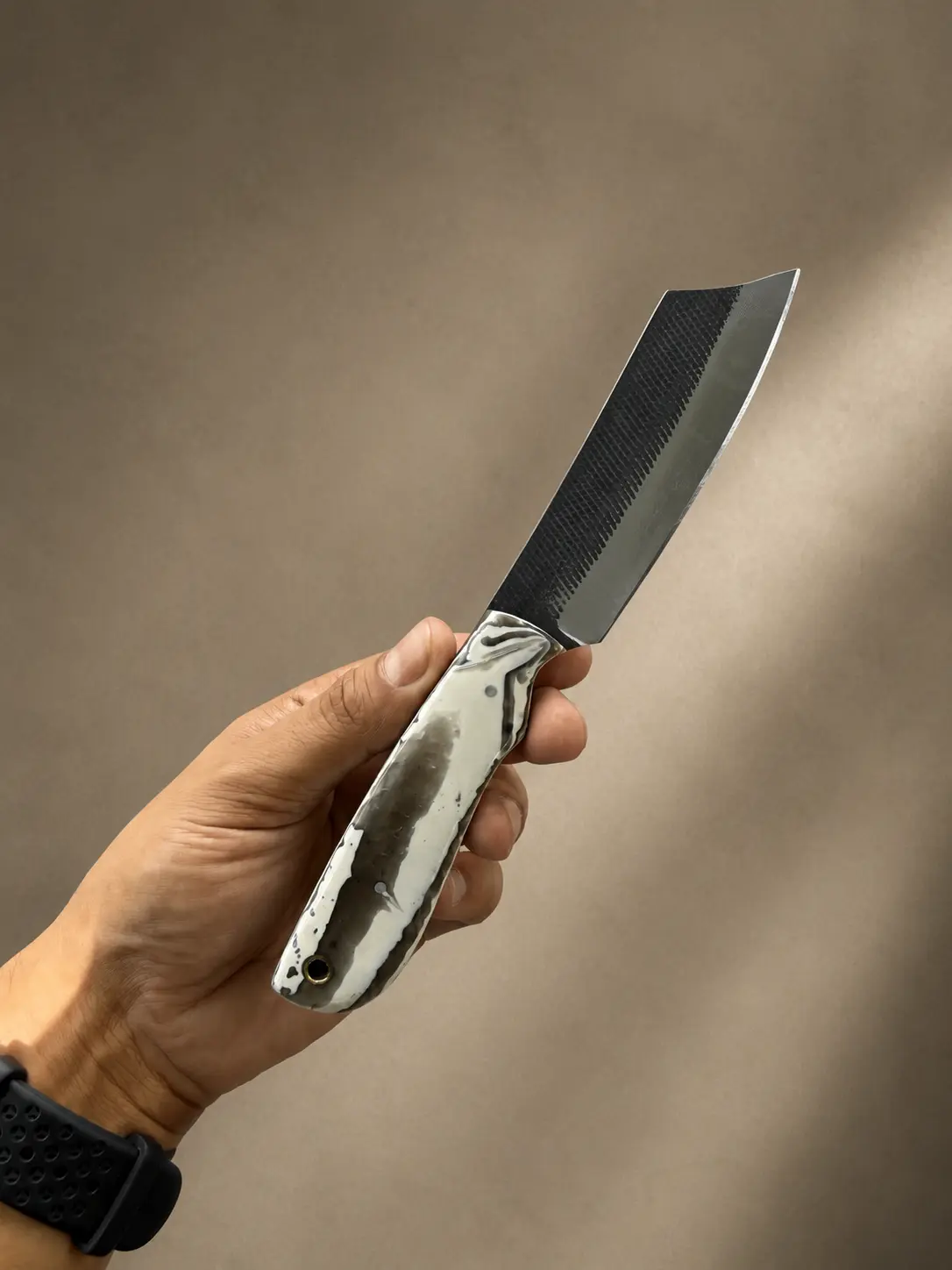 Artisan Damascus Steel Knife – Hand Forged Fixed Blade with Resin Handle & Leather Sheath, Knives, Custom-Forged Fixed-Blade Knives