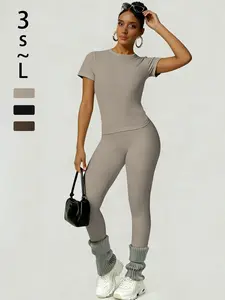 2-Piece Solid-Color Athletic T-Shirt Set Women's Sportswear Set, Slim-Fit RoundNeck Short Sleeves & High-Waisted YogaPants, Ideal for Gym Running OutdoorActivities,  Stretchy Suit Set, Fitness Outfits,Workout Running Outfits-8627 Training Clothes Athleisu