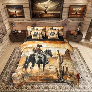 Western Cowboy 7 Piece Sheet Set,Bed in A Bag,Vintage Wild West Comforter,American Rustic Desert Native Botanical Country Lodge Cactus Bed Set