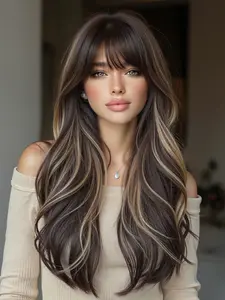 24 Inch Bangs Highlights Curly Hair Wig for Women, Stylist Friendly Wig, Natural Daily Wear Heat Resistant Silk, Versatile Styling False Hair, Synthetic Material Wigs