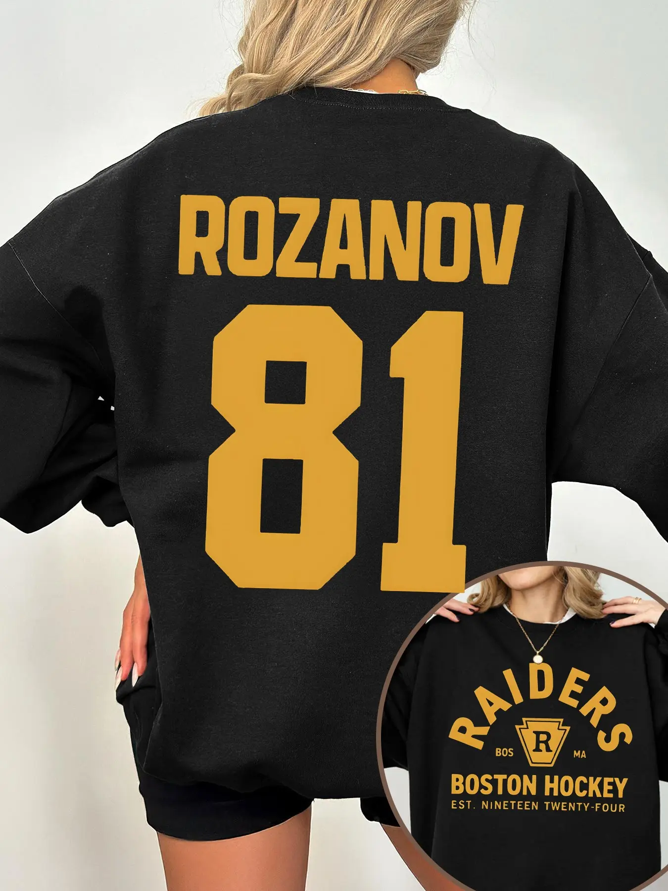 Women's Black Oversized Loose Baggy Long Sleeve Crewneck Pullover Top Athletic Sweatshirt Lady - Boston Raiders Hockey Team #81 Rozanov Name and Number Graphic Sports Casual Shirt Womenswear
