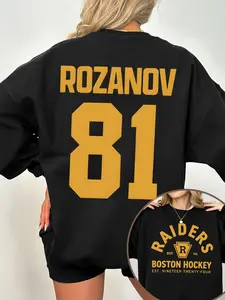 Women's Black Oversized Loose Baggy Long Sleeve Crewneck Pullover Sweatshirt - Boston Raiders Hockey Team #81 Rozanov Name and Number Graphic Sports Casual Shirt