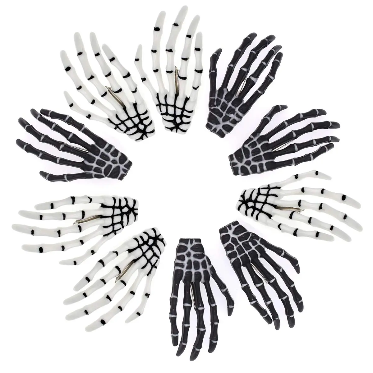 Female-Male 3-in Synthetic Skeleton Hand Hair Clips (5 White, 5 Black), Skull-Shape Hairpins for Halloween Party, Fashion Hair Accessories for Decorate Cap & Any Style Bag, 3-Inch, 5Pcs White And 5Pcs Black, Cap And Bag, Plastic