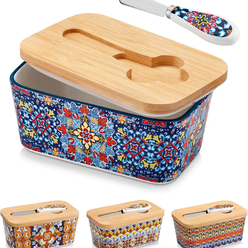 vancasso SIMI Butter Dish with Lid, 6.5" Large Butter Dish for Countertop, Bohemian Ceramic Butter Keeper Container with Knife and Bamboo Lid, Butter Holder for Counter