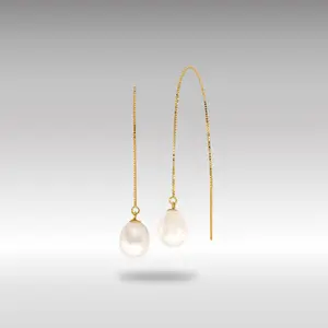 14K Gold 7-8mm White Teardrop FW Cultured Pearl Box Chain Threader Earrings Model-XF713E