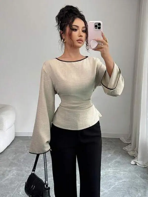 Women's Round Neck Ruffle Cuff Flare Sleeve Pleated Fashion Blouse Autumn Casual Smart Casual Elegant Teachers' Day Office Black And Beige