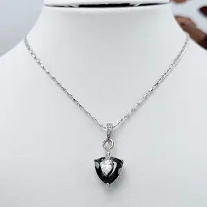 (SetAA) Silver Black Heart Gemstone Pendant and Earrings Set for Women