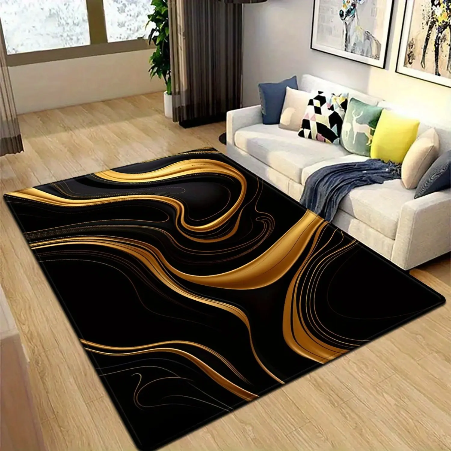 Luxury Black Gold Marble Patterned Diatomite Area Rug - Soft, Absorbent, Quick-Dry, Dirt-Trapping, Grippy Mat-Style Rug with 100% Non-Slip Rubber Backing, Elegant Modern Design for Bathrooms, Laundry Rooms, Living Rooms, Dirt-Trapping Area Rugs, Grippy Ar